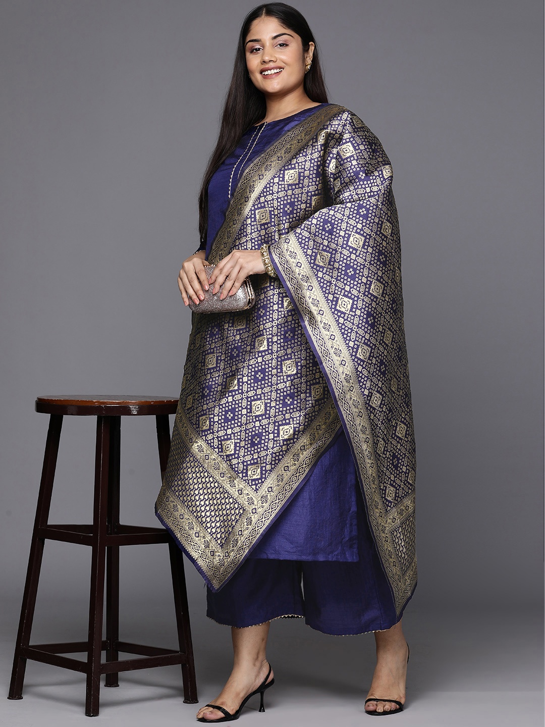 

Indo Era Plus Size Regular Gotta Patti Kurta with Palazzos & Dupatta, Navy blue