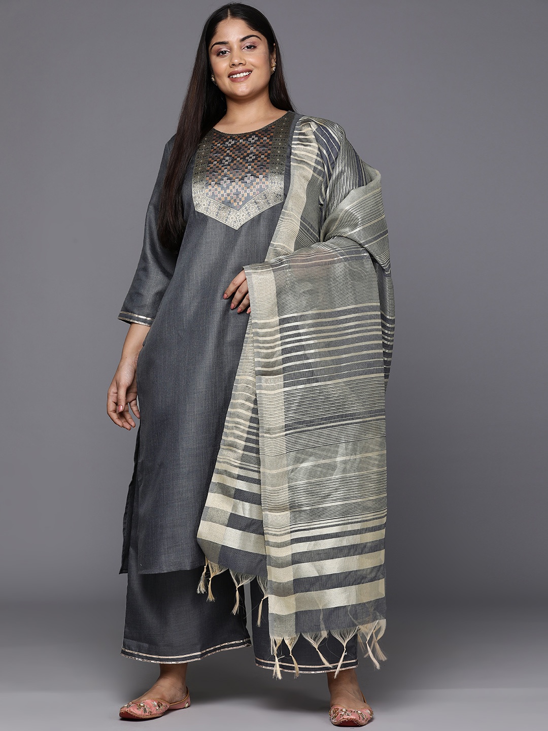 

Indo Era Plus Size Ethnic Motifs Yoke Design Regular Kurta with Palazzos & Dupatta, Grey