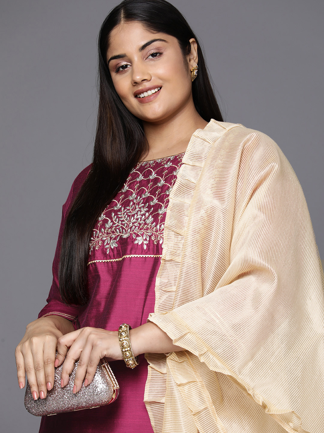 

Indo Era Plus Size Ethnic Motifs Embroidered Chanderi Silk Kurta with Palazzos & Dupatta, Pink