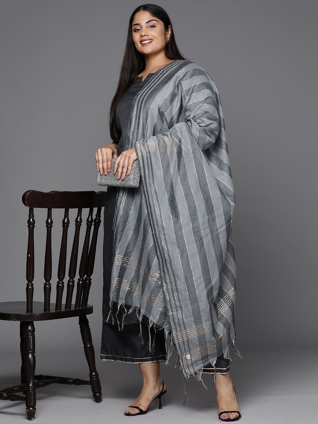 

Indo Era Plus Size Regular Gotta Patti Kurta with Palazzos & Dupatta, Grey
