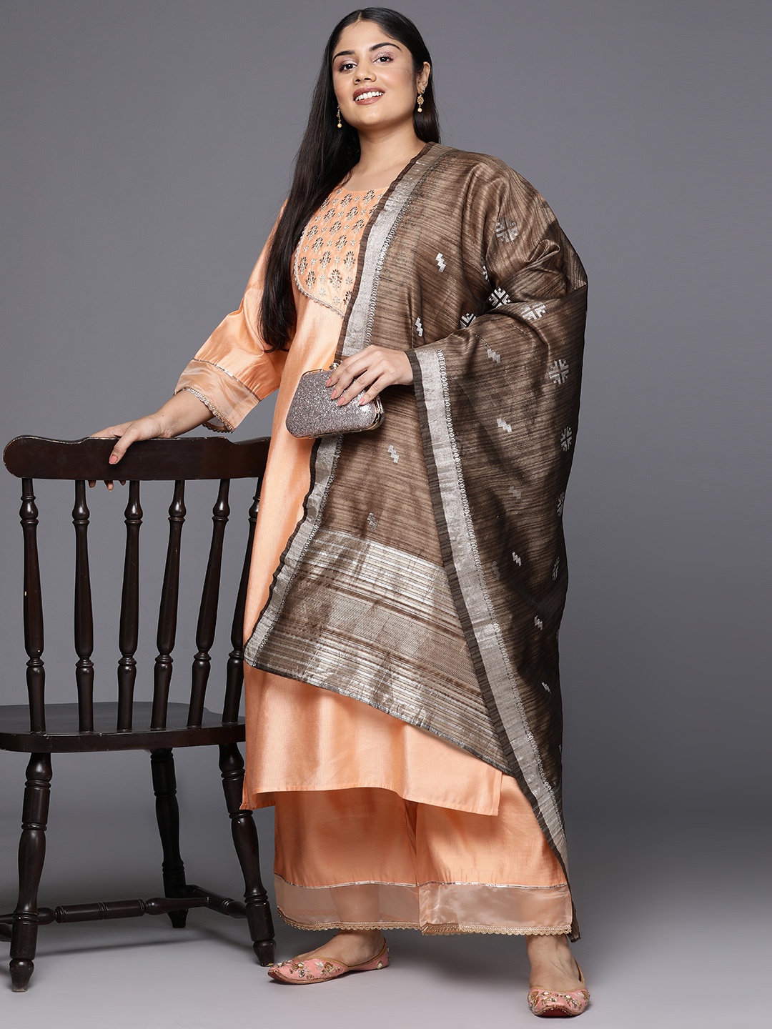 

Indo Era Plus Size Ethnic Motifs Embroidered Sequinned Kurta with Palazzos & Dupatta, Peach