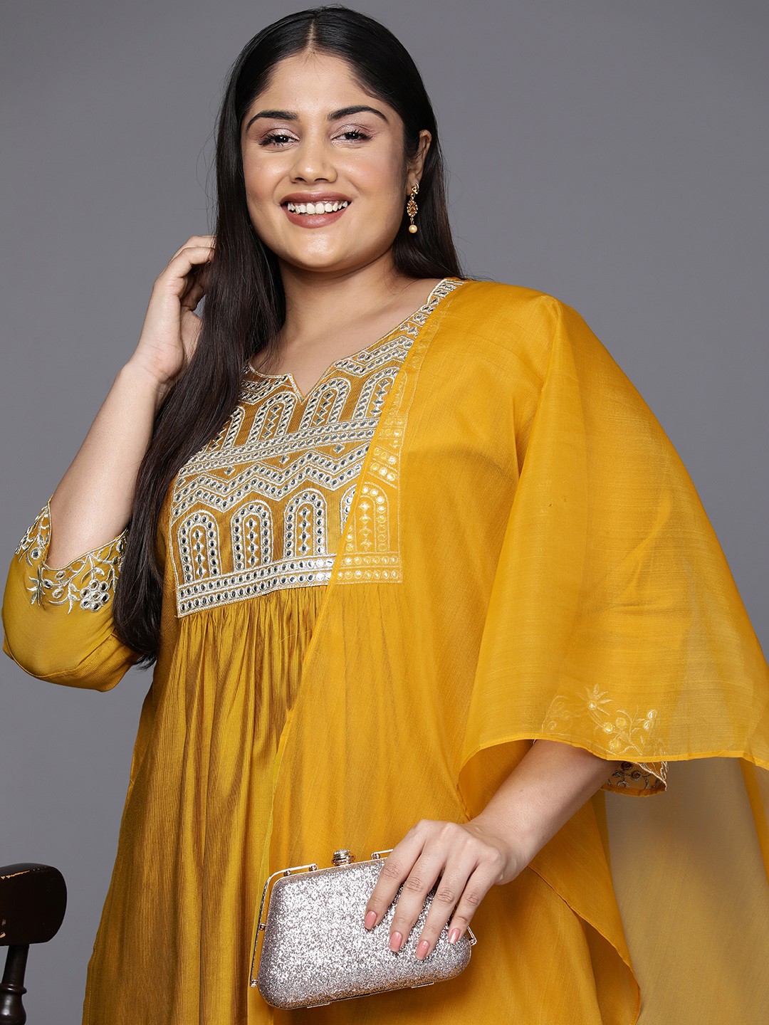 

Indo Era Plus Size Embroidered Mirror Work Kurta with Palazzos & Dupatta, Mustard