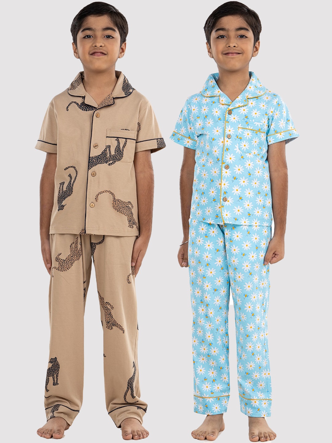 

Growing Tree Unisex Kids Gold-Toned & Blue Printed Night suit