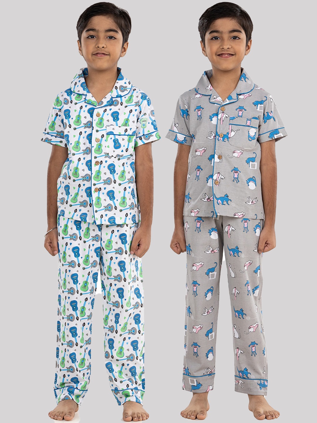 

Growing Tree Unisex Kids White & Grey Printed Night suit