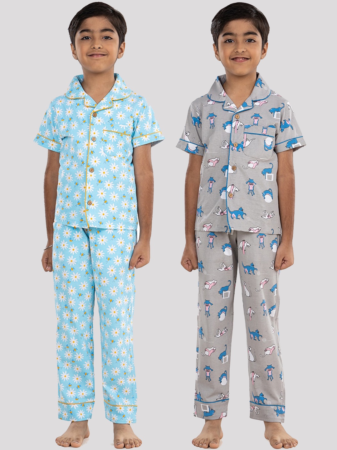 

Growing Tree Boys Pack Of 2 Conversational Printed Pure Cotton Night suit, Grey