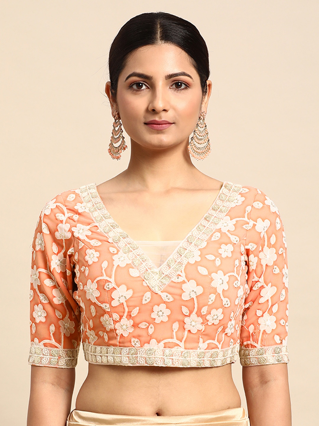 

Ethnovog Embroidered Sequinned Georgette Ready To Wear Saree Blouse, Peach