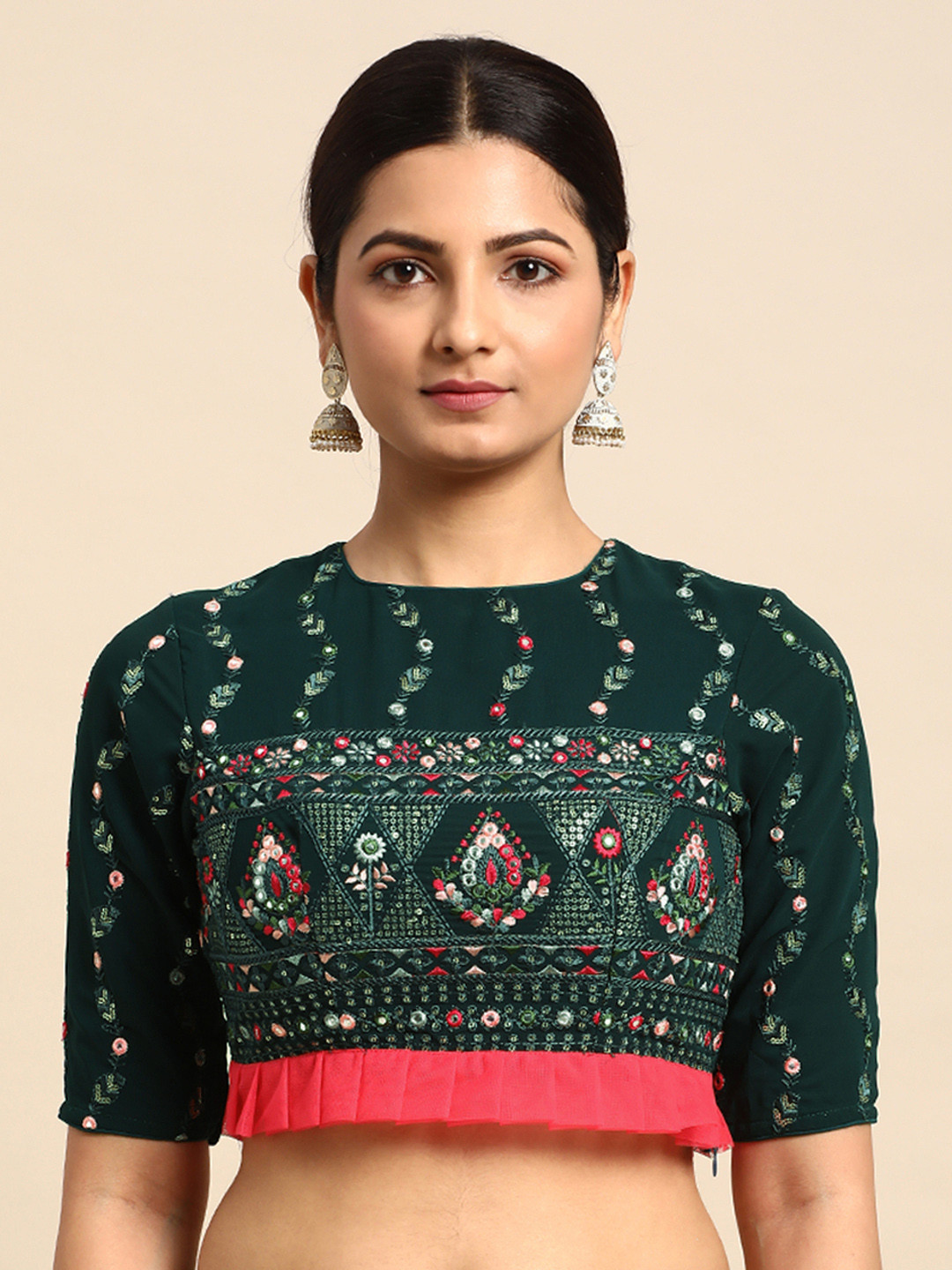 

Ethnovog Embroidered Sequinned Ready To Wear Saree Blouse, Green