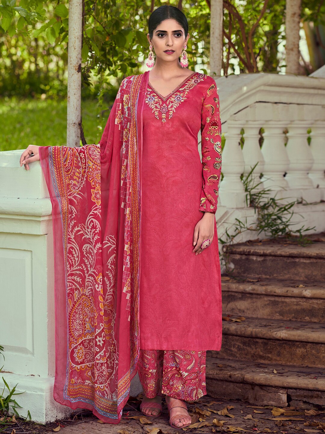 

Stylee LIFESTYLE Embroidered Pure Cotton Unstitched Dress Material, Magenta