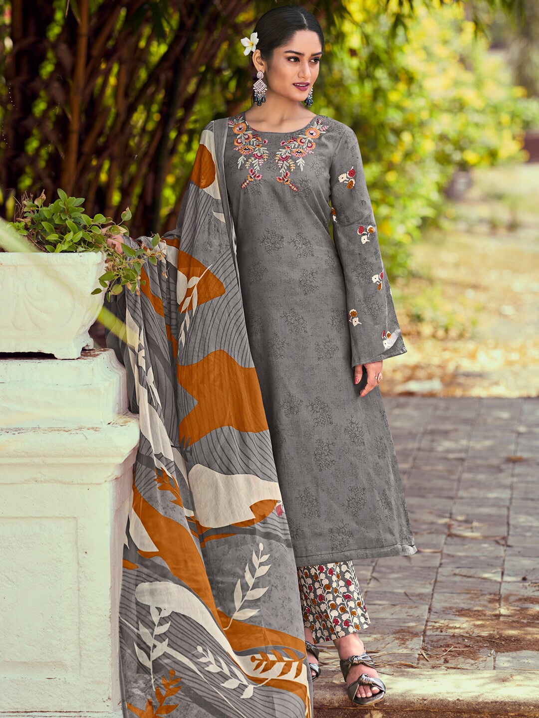 

Stylee LIFESTYLE Embroidered Pure Cotton Unstitched Dress Material, Grey