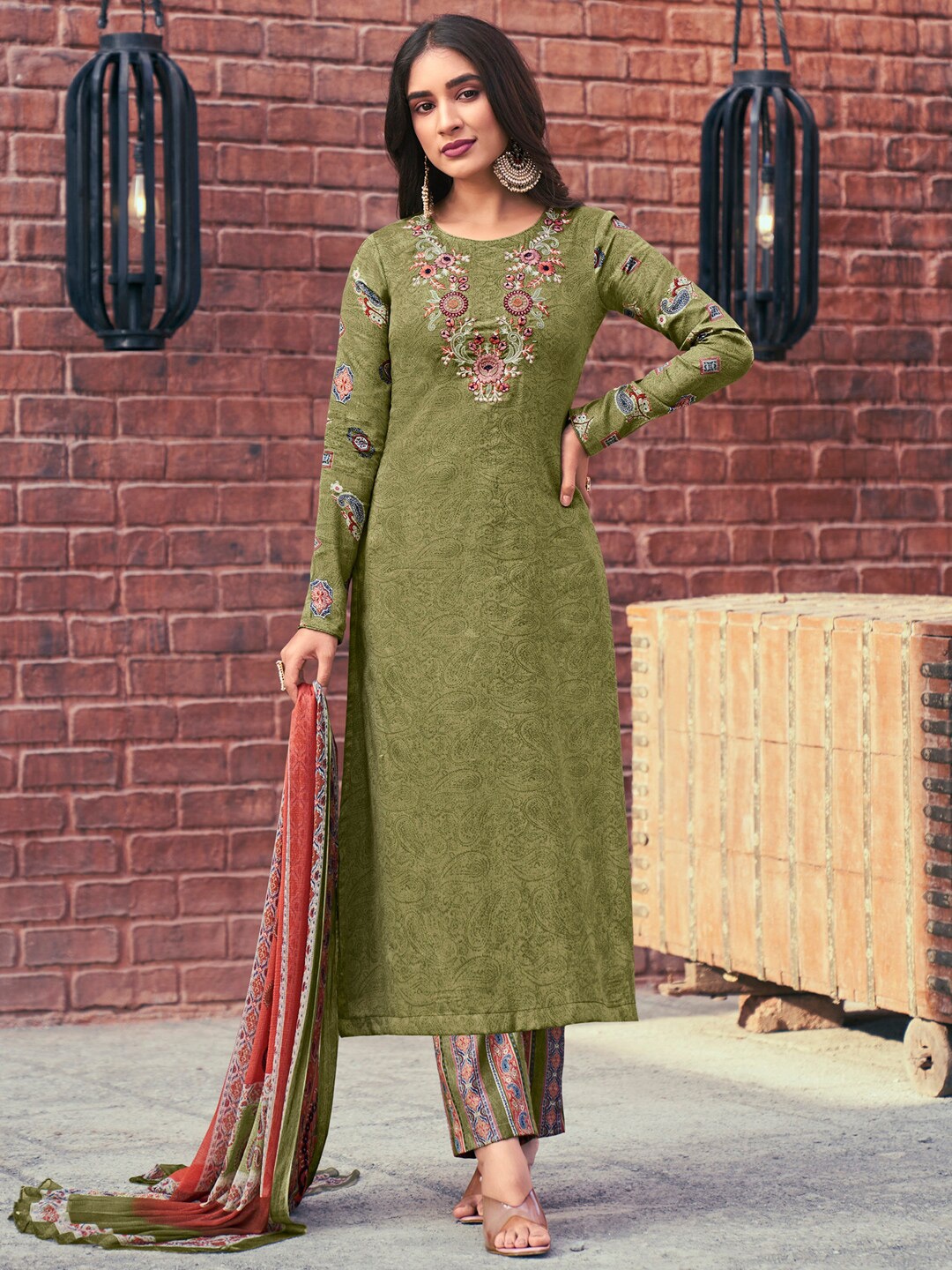 

Stylee LIFESTYLE Embroidered Pure Cotton Unstitched Dress Material, Olive