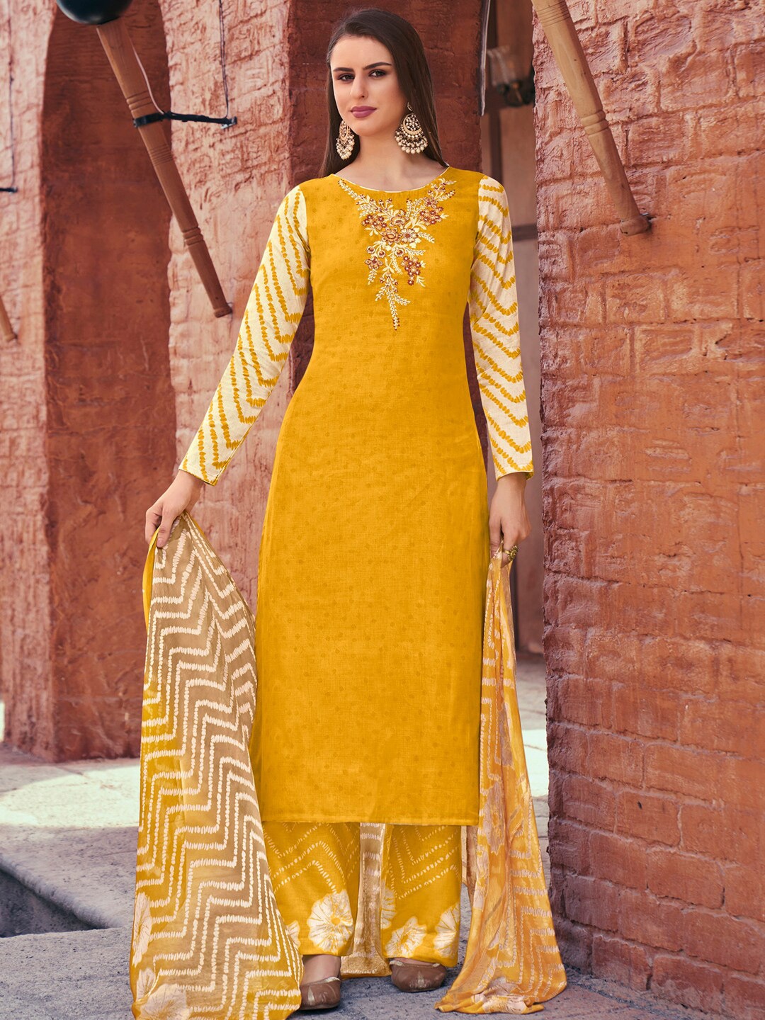 

Stylee LIFESTYLE Embroidered Pure Cotton Unstitched Dress Material, Yellow