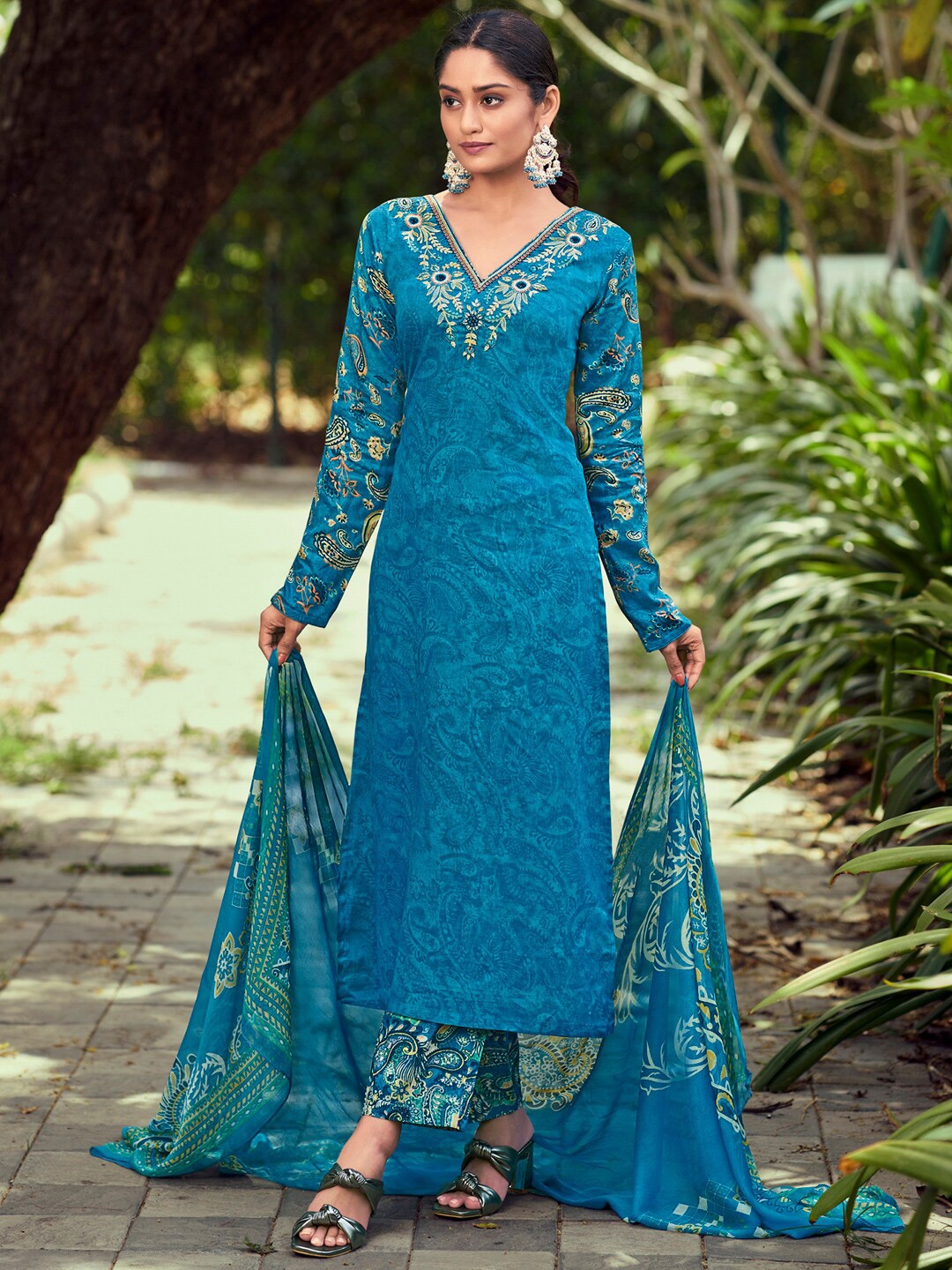 

Stylee LIFESTYLE Embroidered Pure Cotton Unstitched Dress Material, Blue