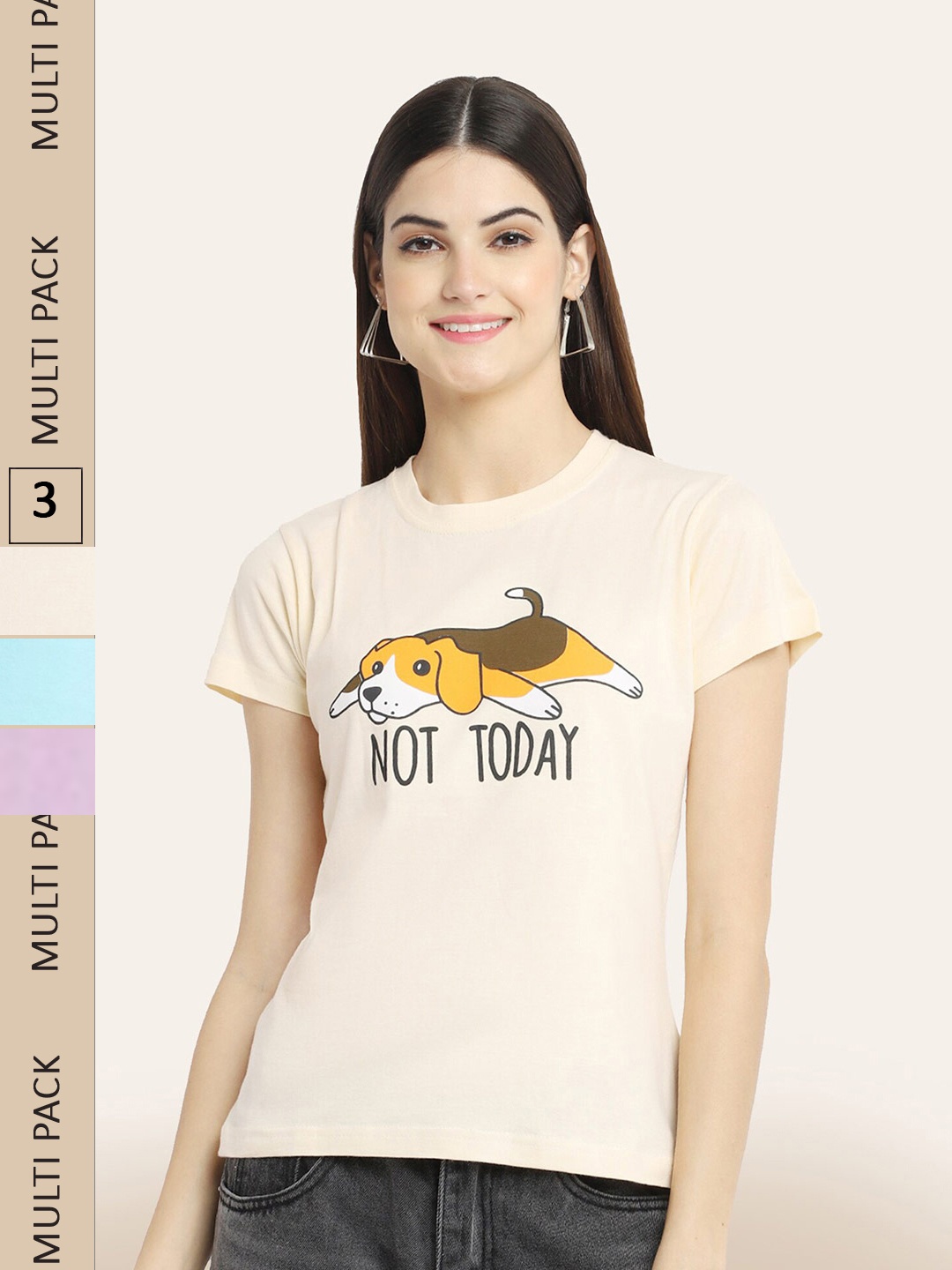 

BAESD Pack Of 3 Typography Printed Cotton T-shirt, Beige