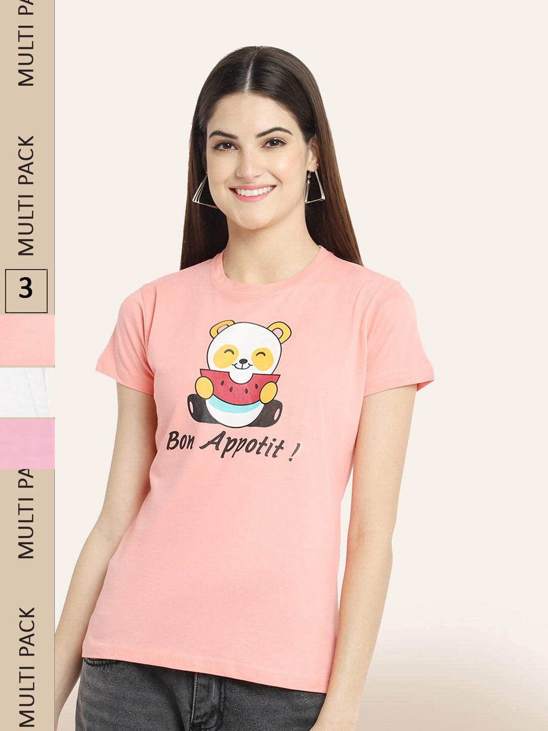

BAESD Pack Of 3 Typography Printed Cotton T-shirt, Peach