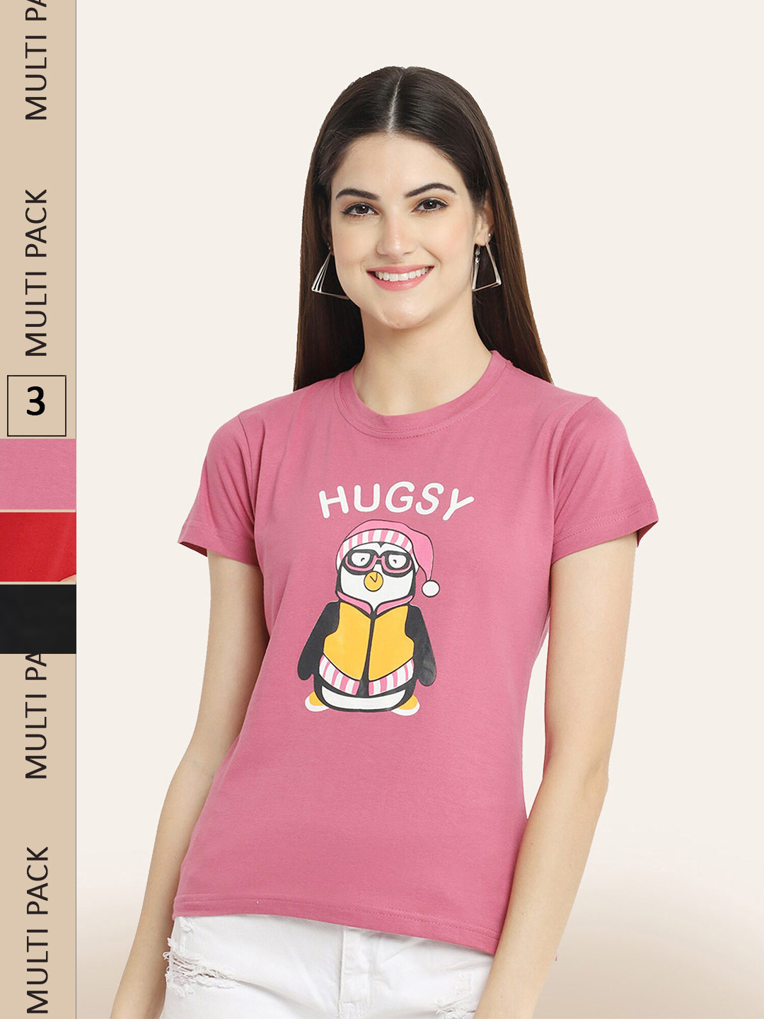 

BAESD Pack of 3 Typography Printed Cotton T-shirt, Pink