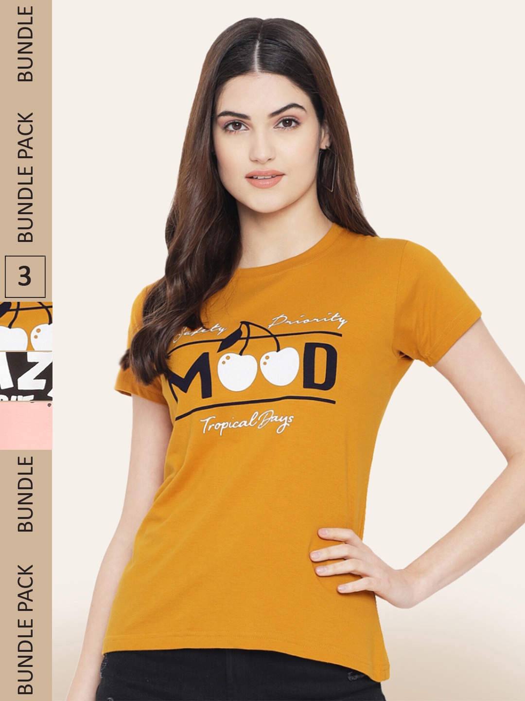 

BAESD Pack of 3 Typography Printed Cotton T-shirts, Mustard