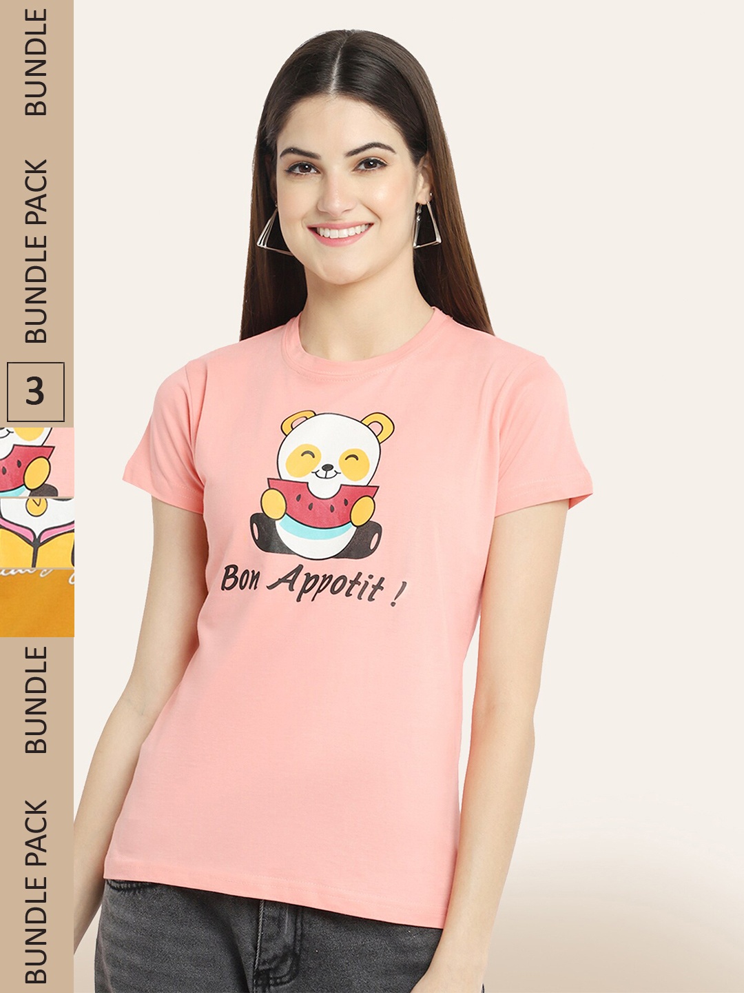 

BAESD Pack Of 3 Printed Casual Cotton T-shirts, Pink