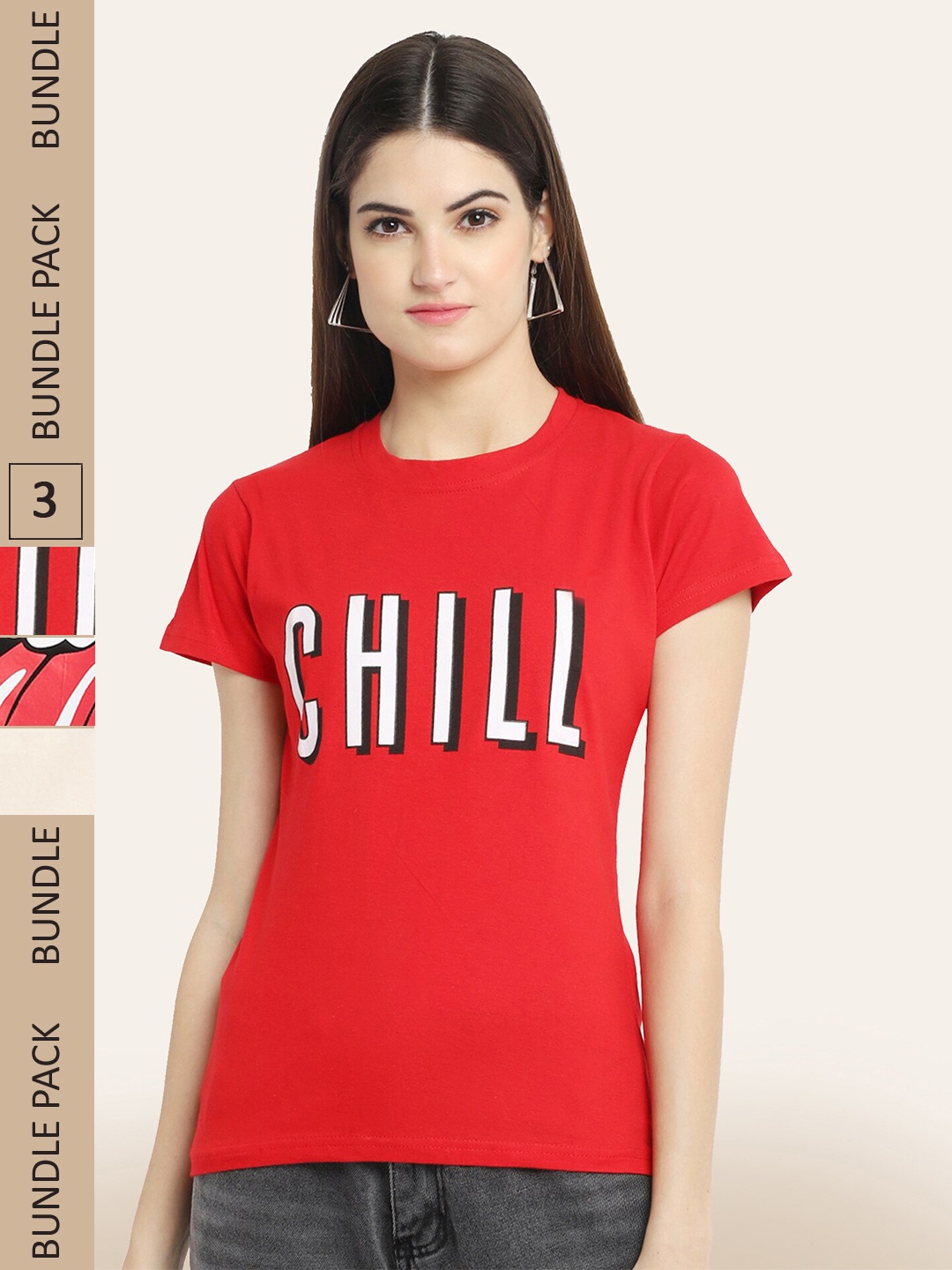 

BAESD Pack Of 3 Round Neck Printed Cotton T-shirt, Red