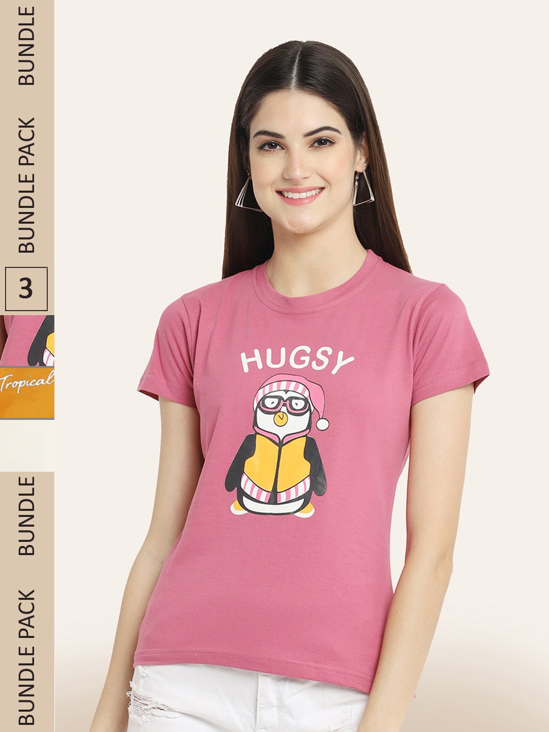 

BAESD Pack Of 3 Printed Cotton T-shirt, Pink