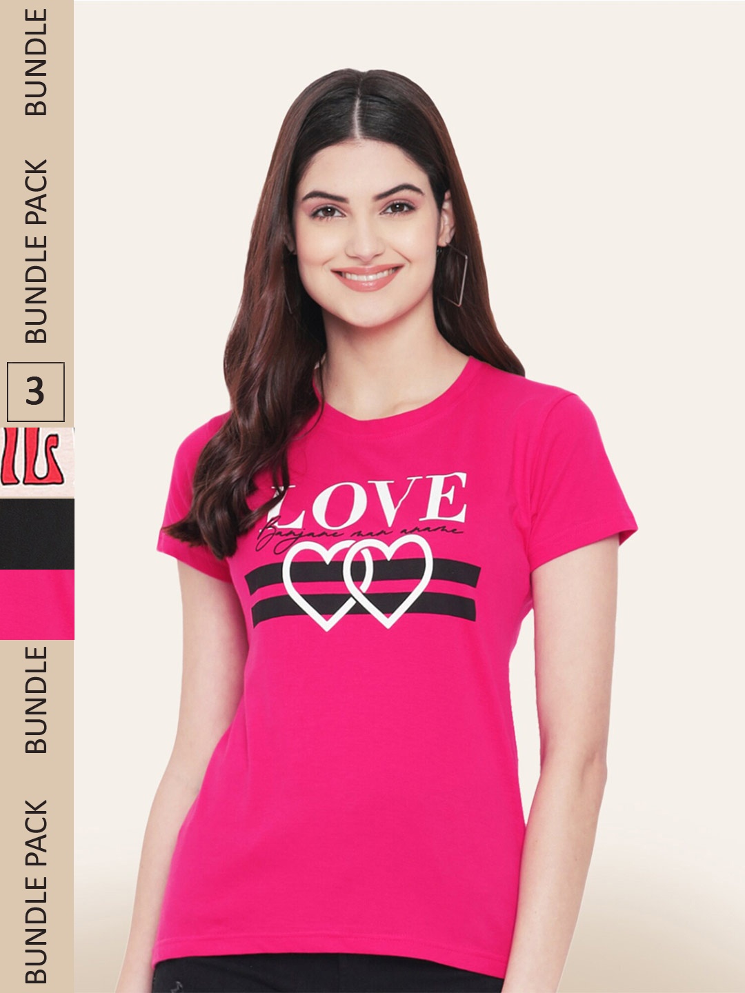 

BAESD Pack Of 3 Typography Printed Cotton T-shirts, Pink