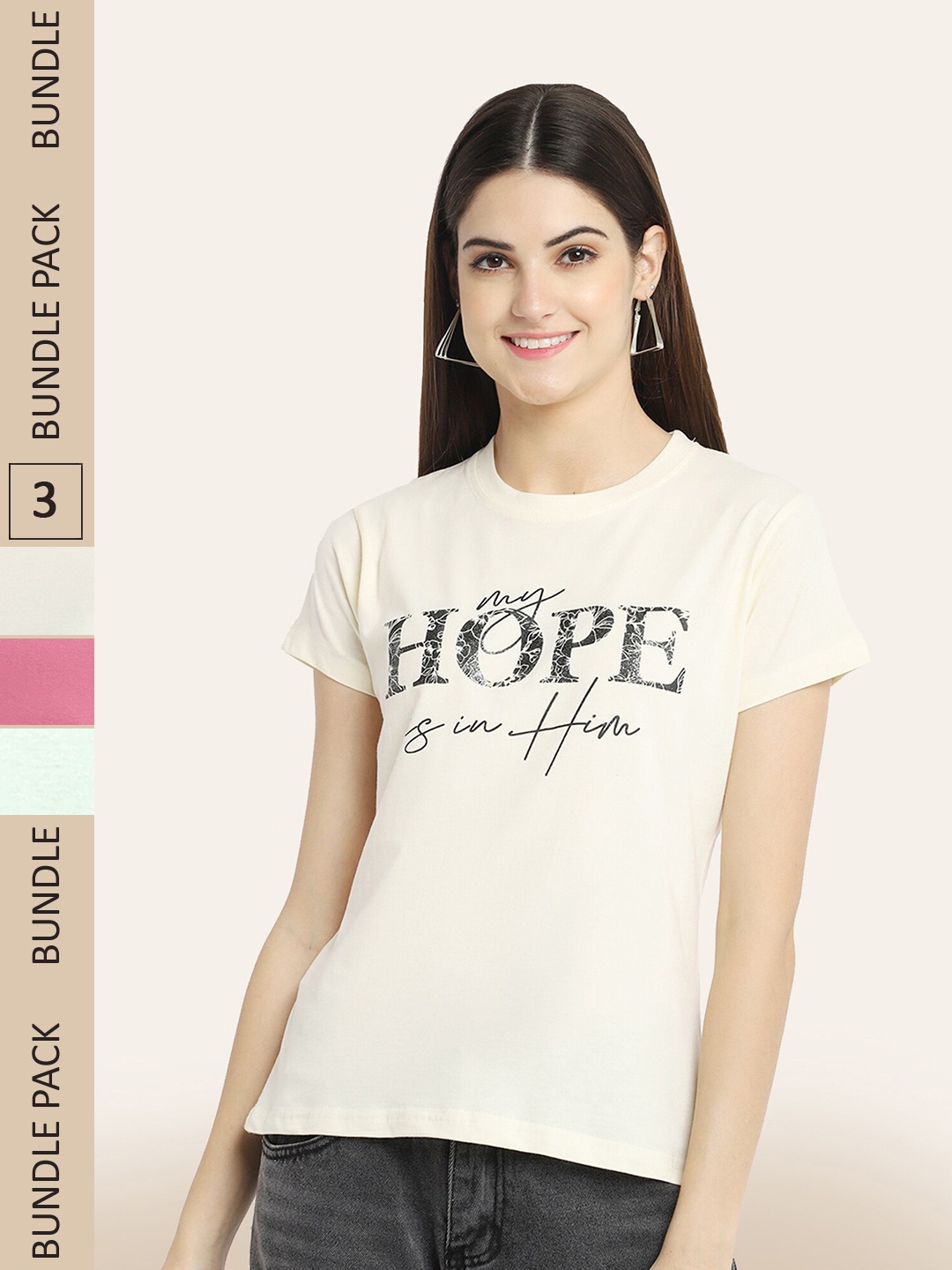 

BAESD Women Pack Of 3 Typography Printed Cotton T-shirt, Off white