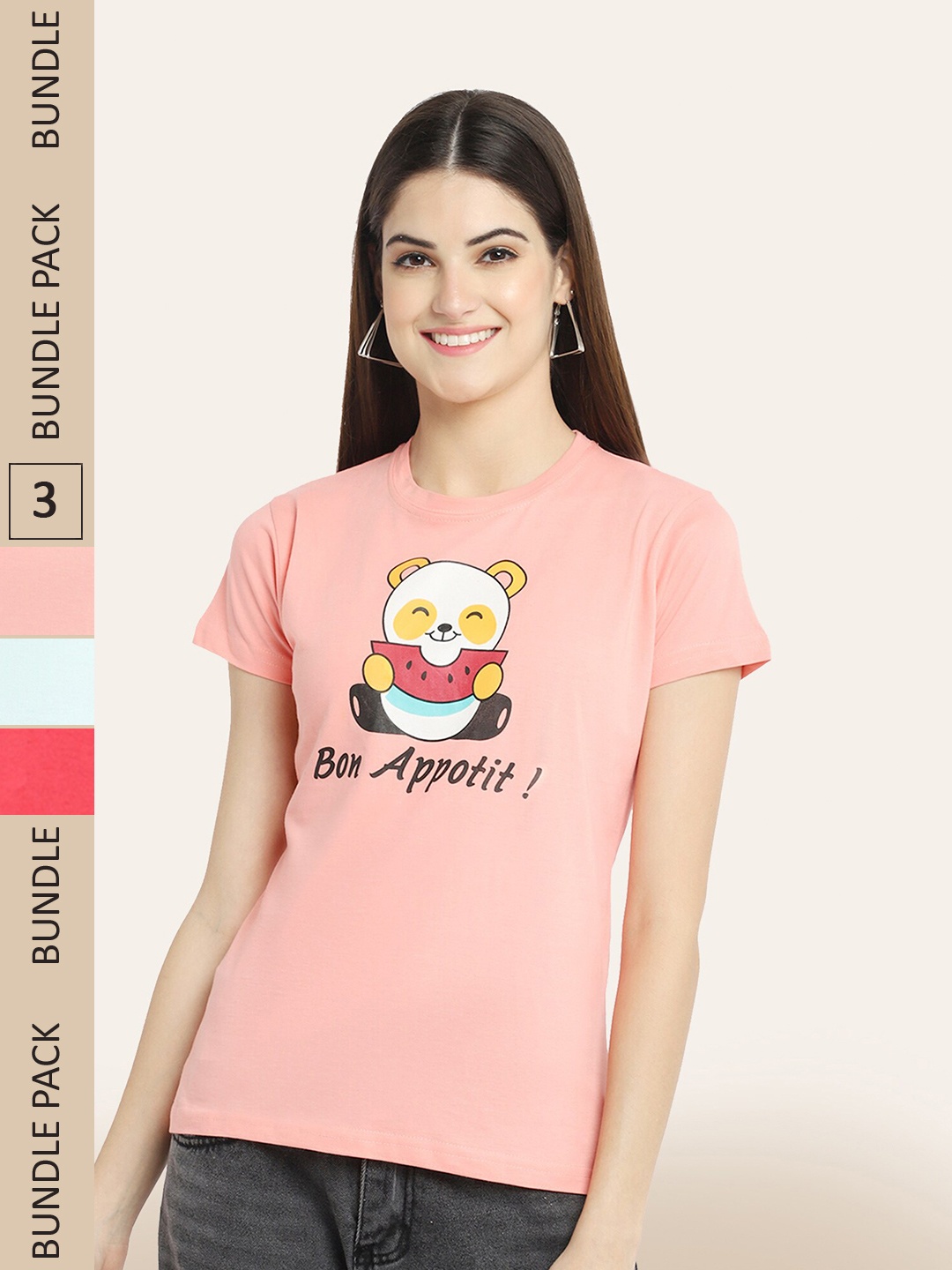 

BAESD Pack Of 3 Graphic Printed Cotton T-shirt, Peach