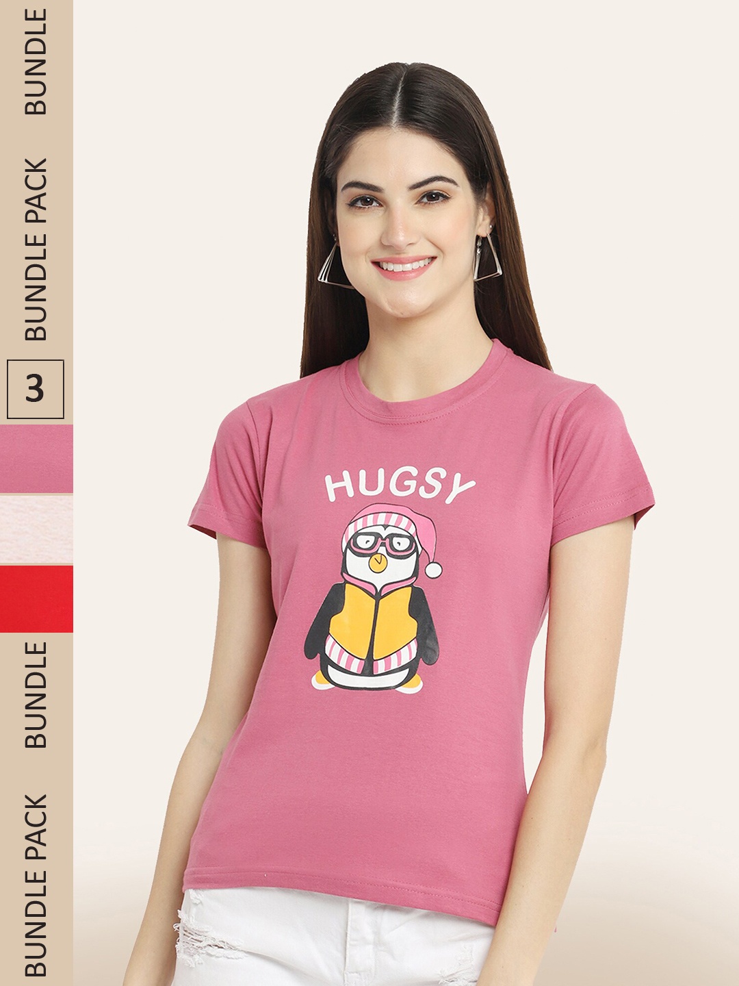 

BAESD Pack Of 3 Printed Cotton T-shirt, Pink