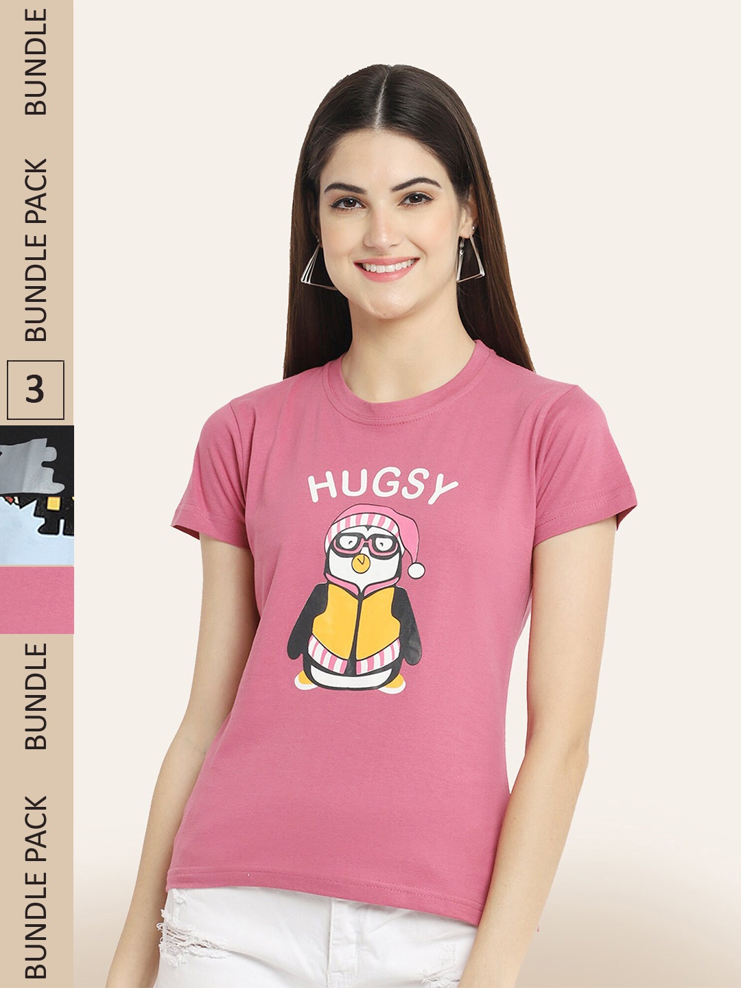 

BAESD Pack Of 3 Printed Cotton T-shirt, Pink