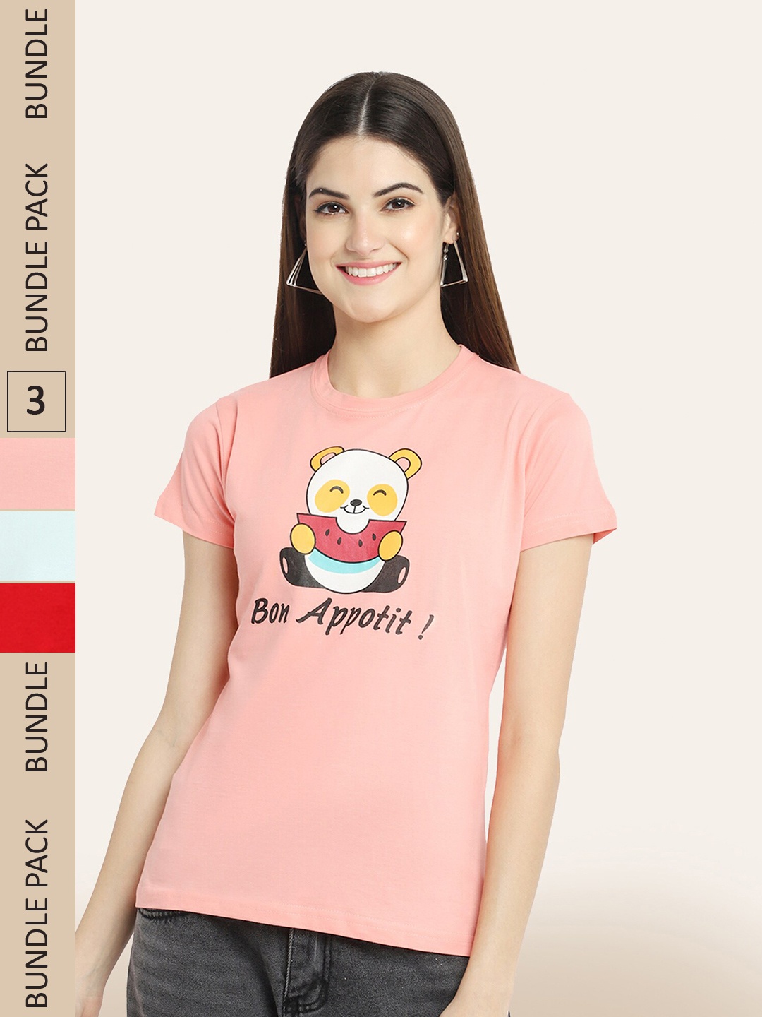 

BAESD Women Pack Of 3 Typography Printed Cotton T-shirt, Peach