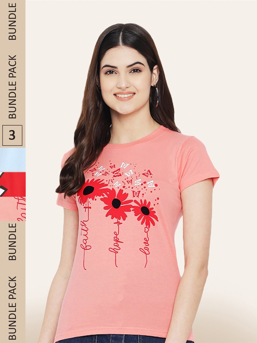 

BAESD Pack Of 3 Graphic Print Round Neck Cotton T-shirt, Peach