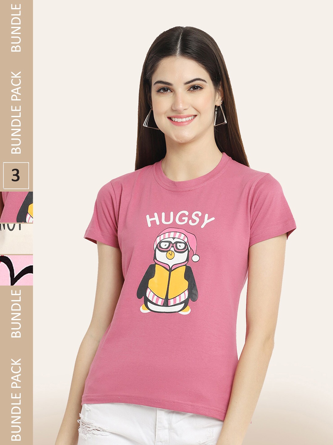 

BAESD Pack Of 3 Printed Cotton Casual T-shirts, Pink