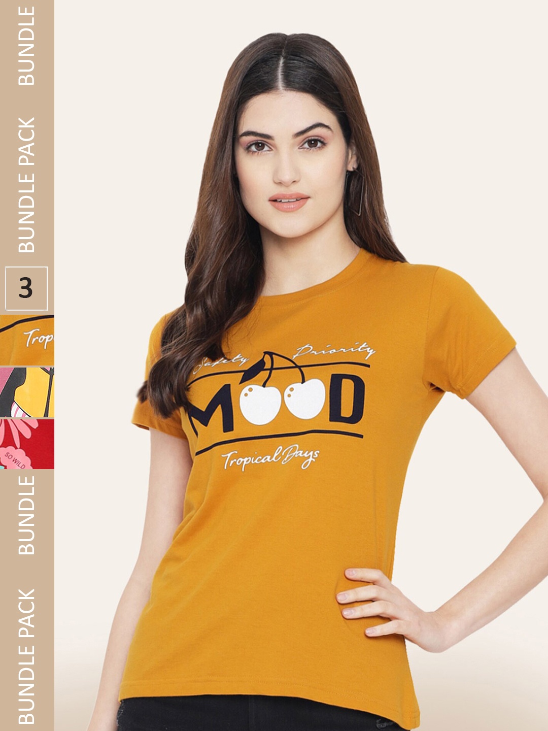 

BAESD Pack Of 3 Typography Printed Cotton T-shirt, Mustard