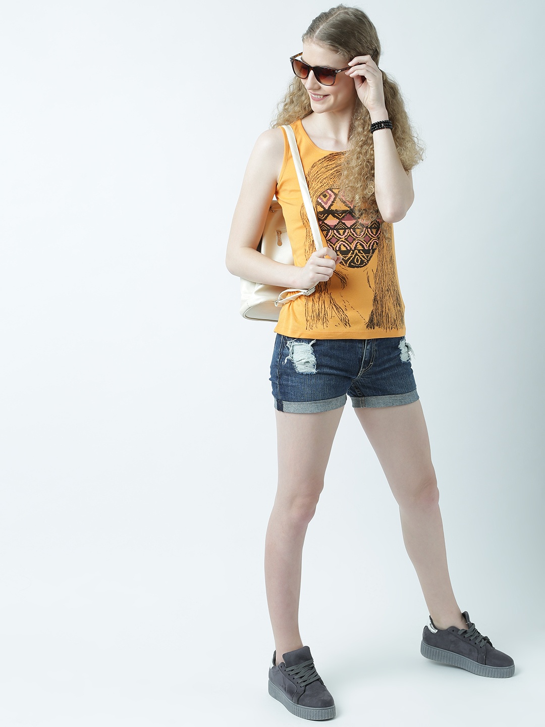 

Huetrap Women Orange Printed Tank Pure Cotton Top