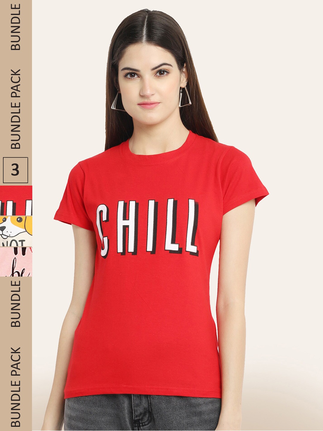 

BAESD Pack Of 3 Printed Round Neck Cotton T-shirts, Red