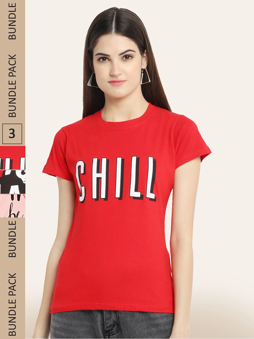 

BAESD Pack Of 3 Typography Printed T-shirt, Red