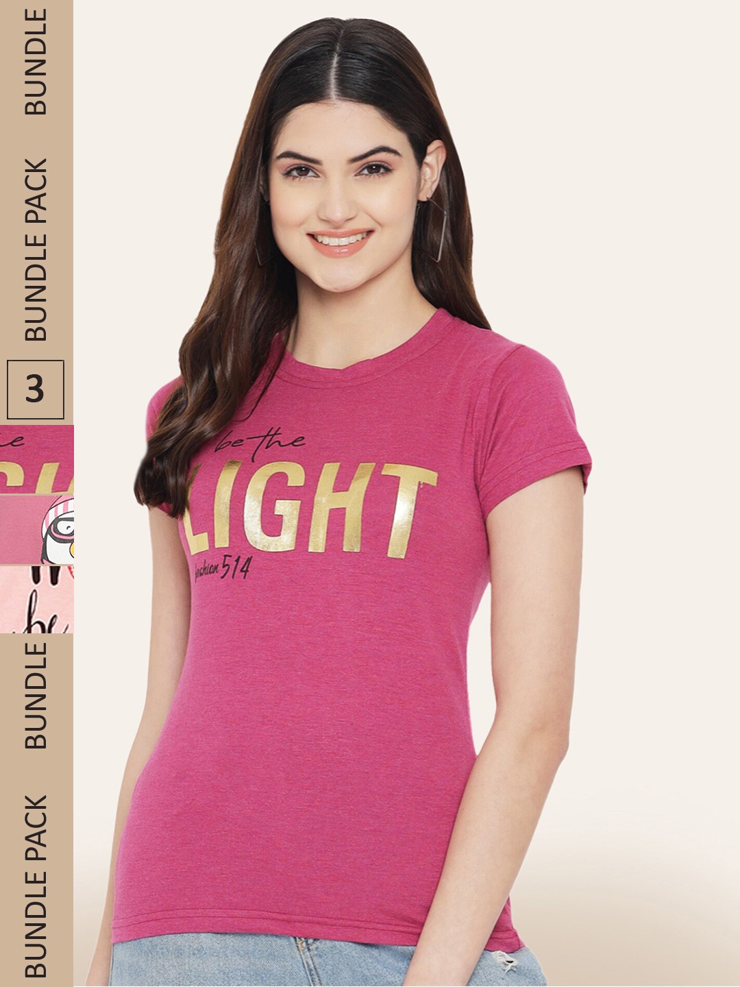 

BAESD Pack Of 3 Printed Cotton T-shirt, Pink