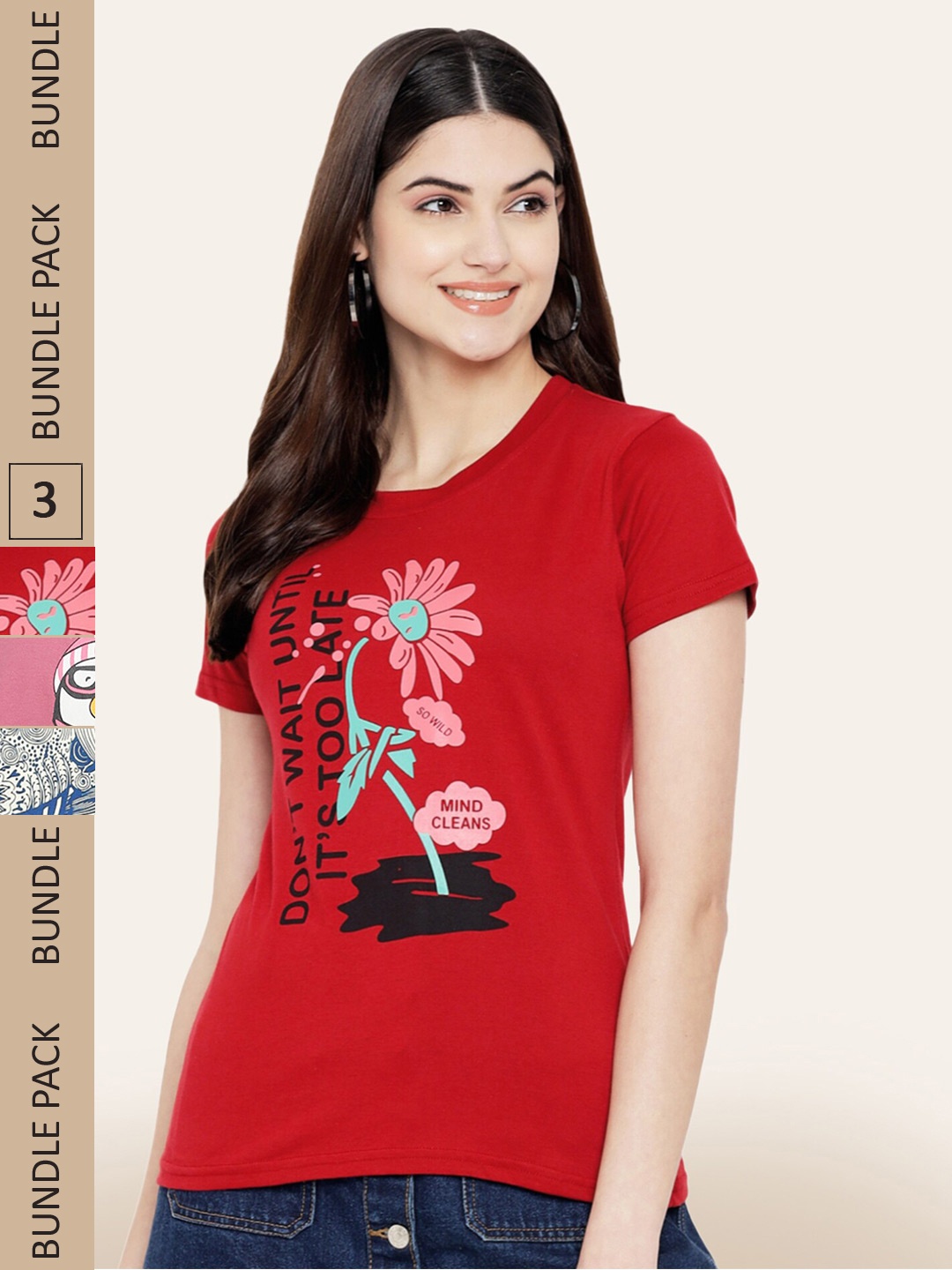 

BAESD Pack Of 3 Printed Cotton Casual T-shirts, Red