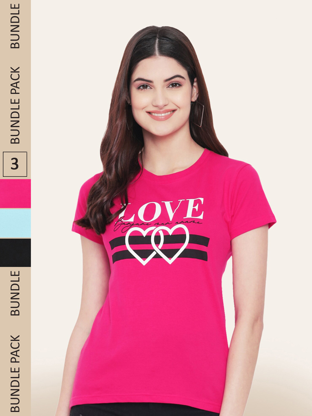 

BAESD Pack Of 3 Typography Printed Cotton T-shirt, Pink