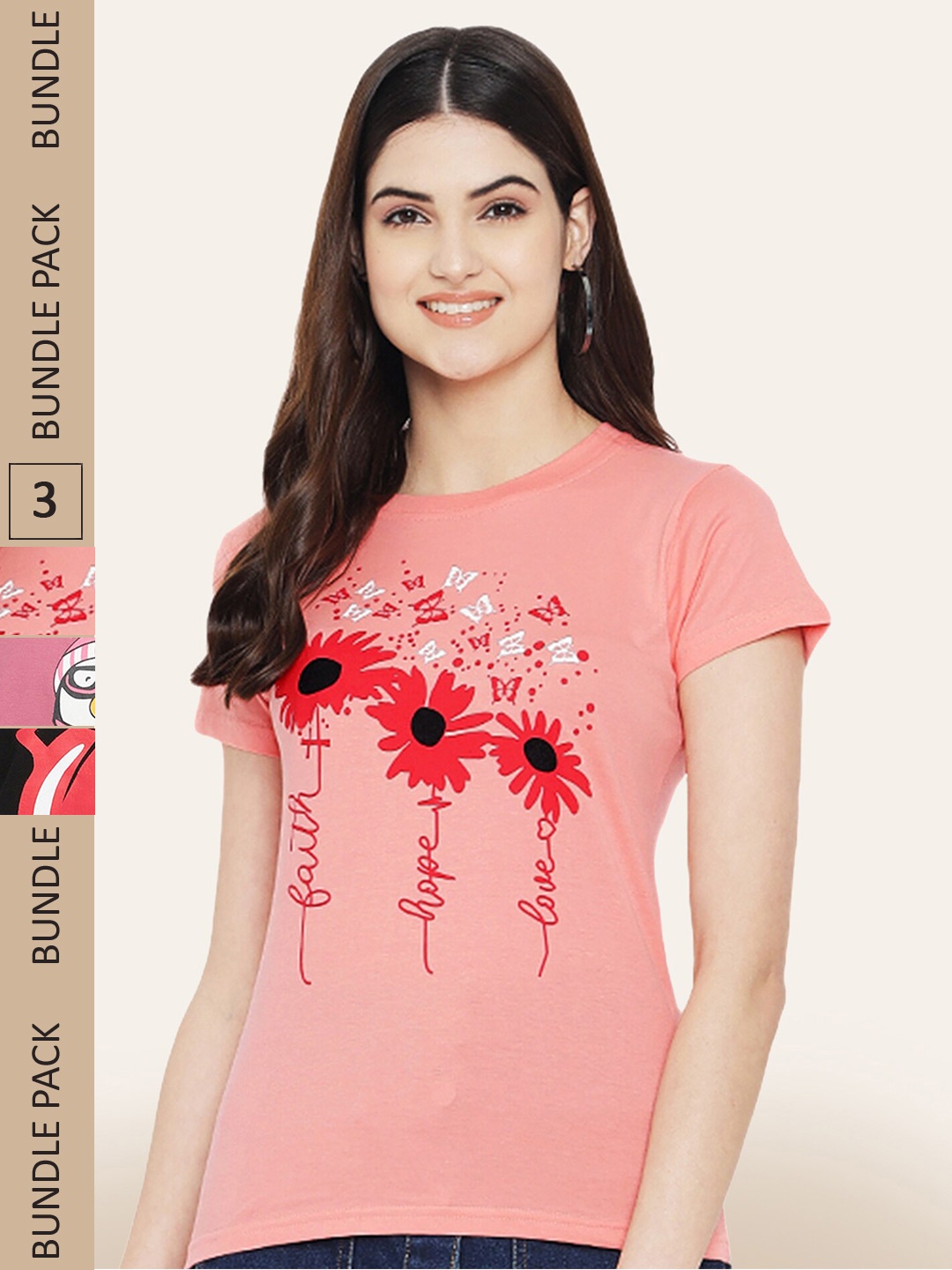 

BAESD Pack Of 3 Conversational Printed Cotton T-shirt, Pink