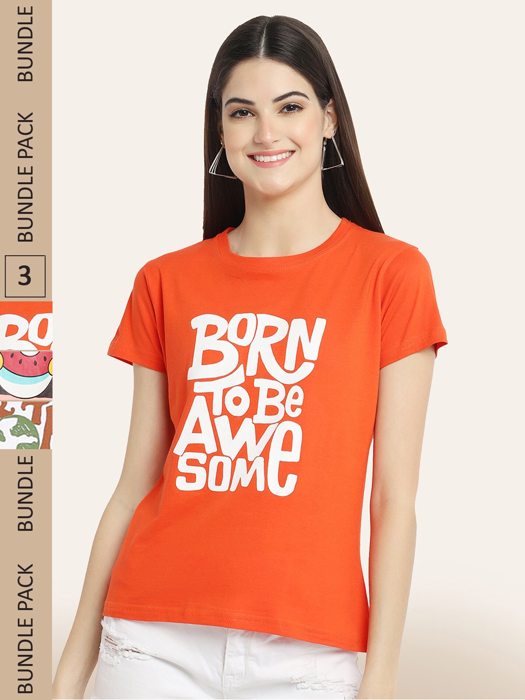 

BAESD Pack Of 3 Typography Printed T-shirt, Orange