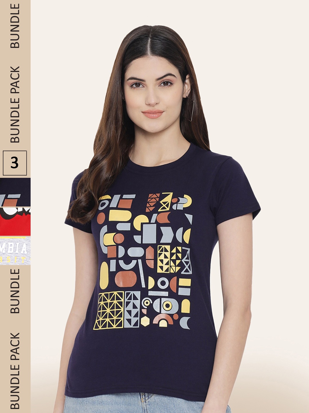 

BAESD Pack Of 3 Printed Cotton T-shirt, Navy blue