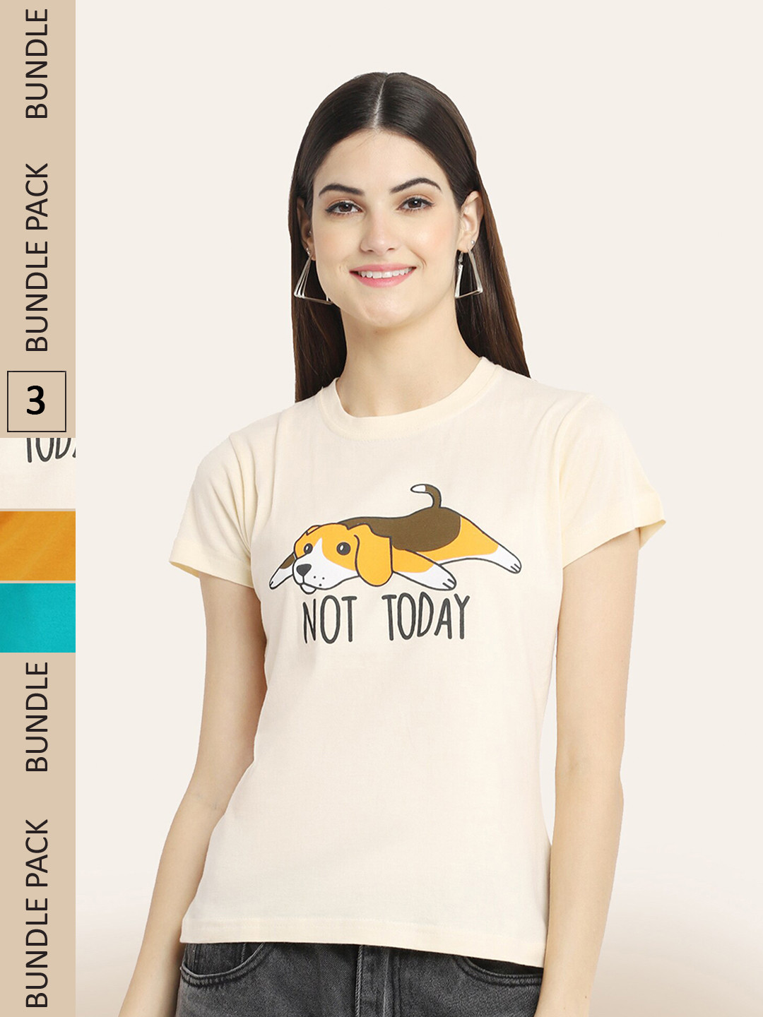 

BAESD Pack Of 3 Printed Round Neck Cotton T-shirts, Cream