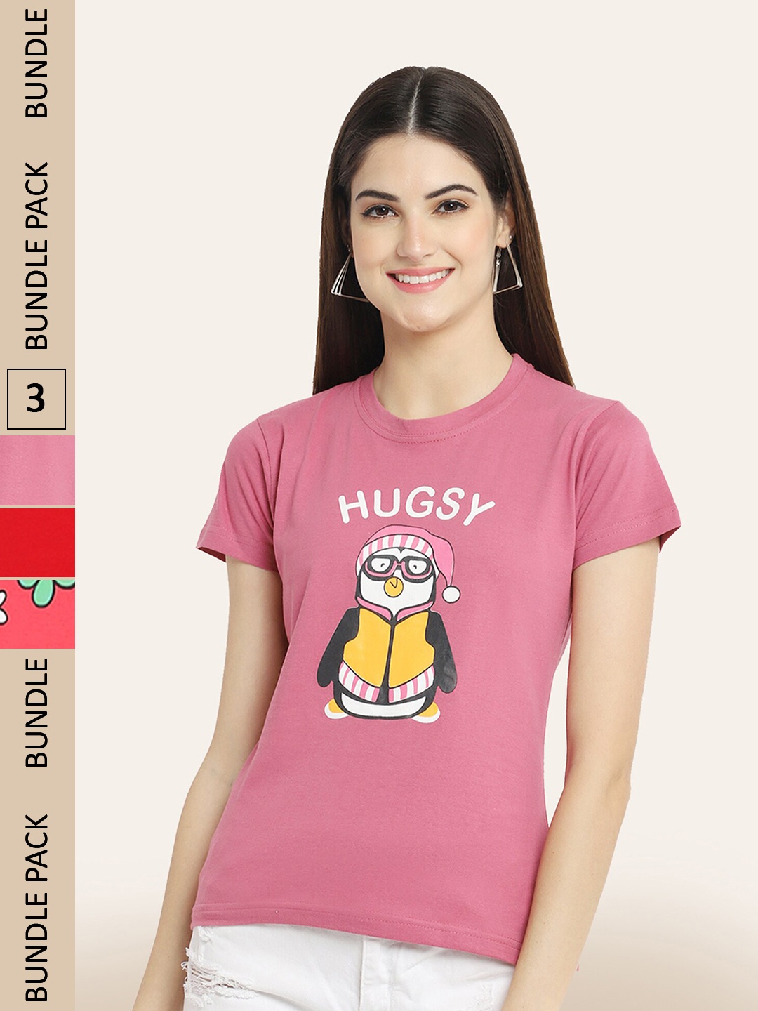 

BAESD Pack Of 3 Printed Round Neck Cotton T-shirts, Mauve