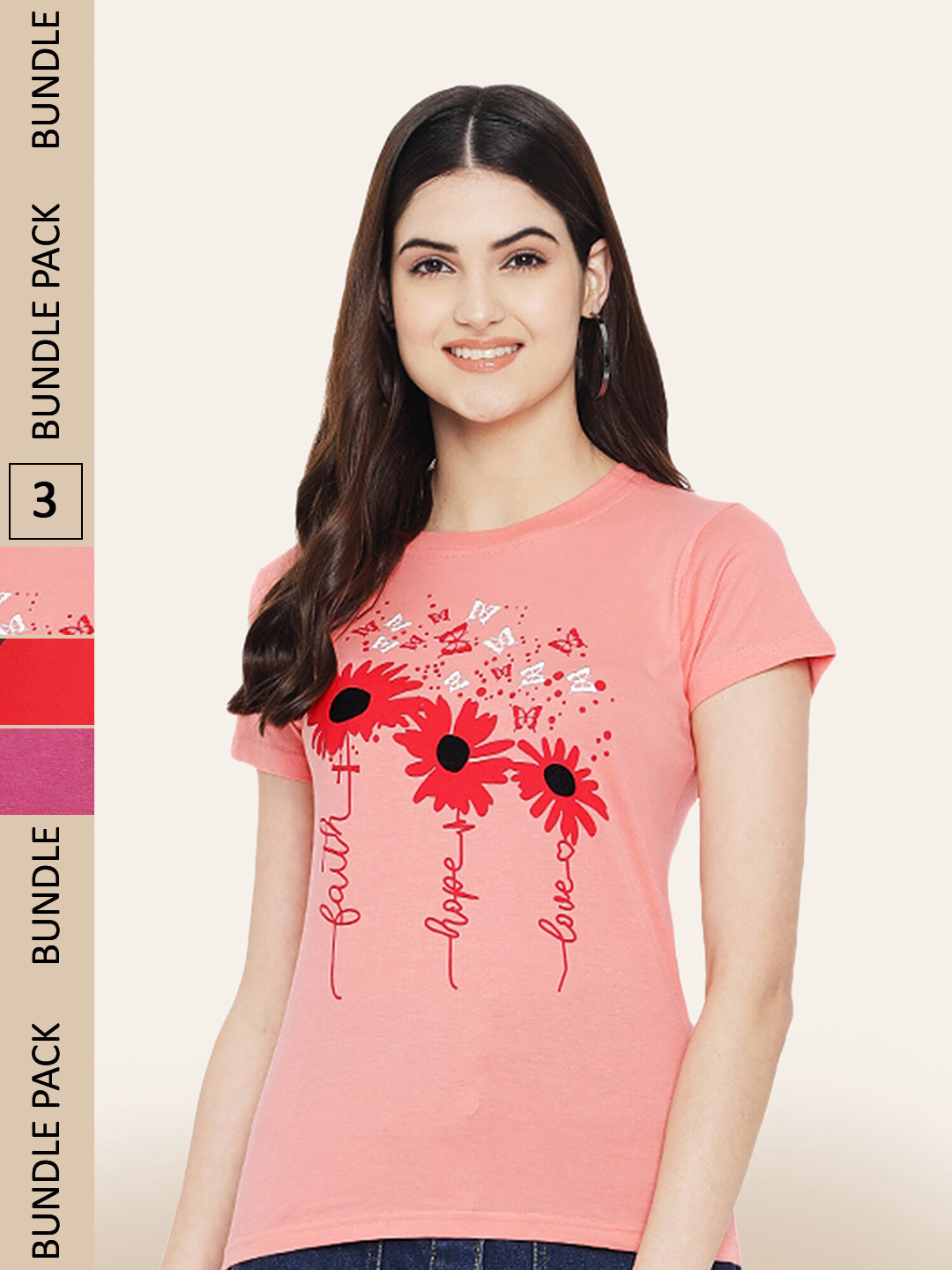 

BAESD Pack Of 3 Printed Round Neck Cotton T-shirts, Peach