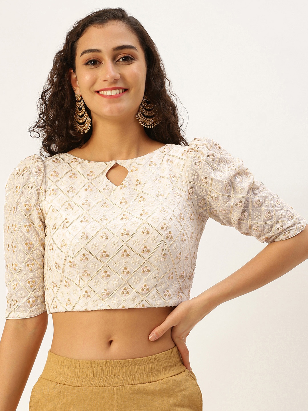 

Ethnovog Women Embroidered Sequinned Saree Blouse, Off white