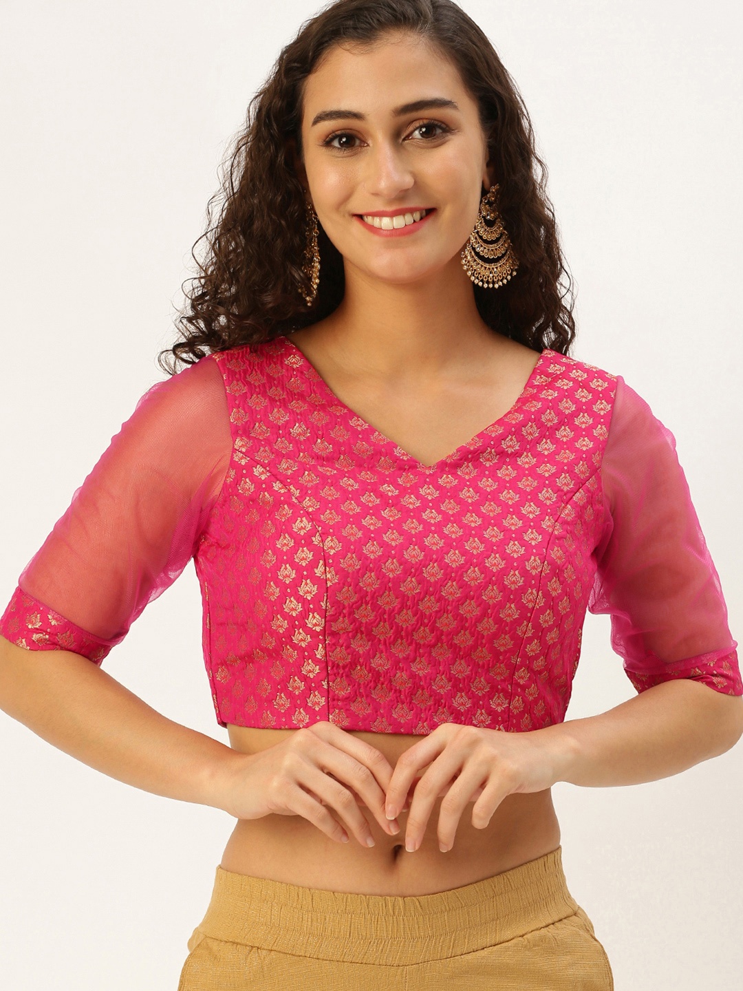 

Ethnovog Women Woven Design Zari Saree Blouse, Pink