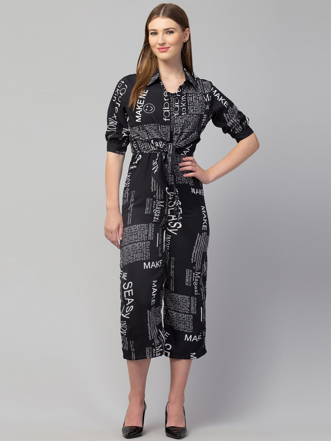 

GLITO Typography Printed Shirt Collar Basic Jumpsuit, Black