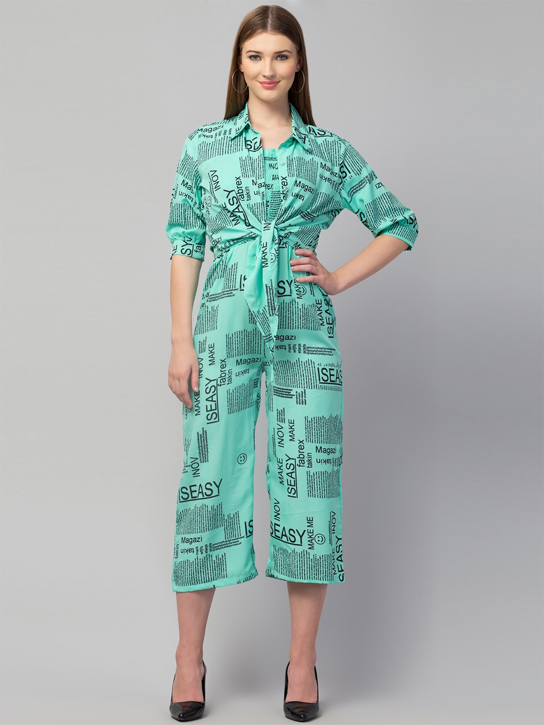 

GLITO Printed Shirt Collar Waist Tie-Ups Basic Jumpsuit, Green