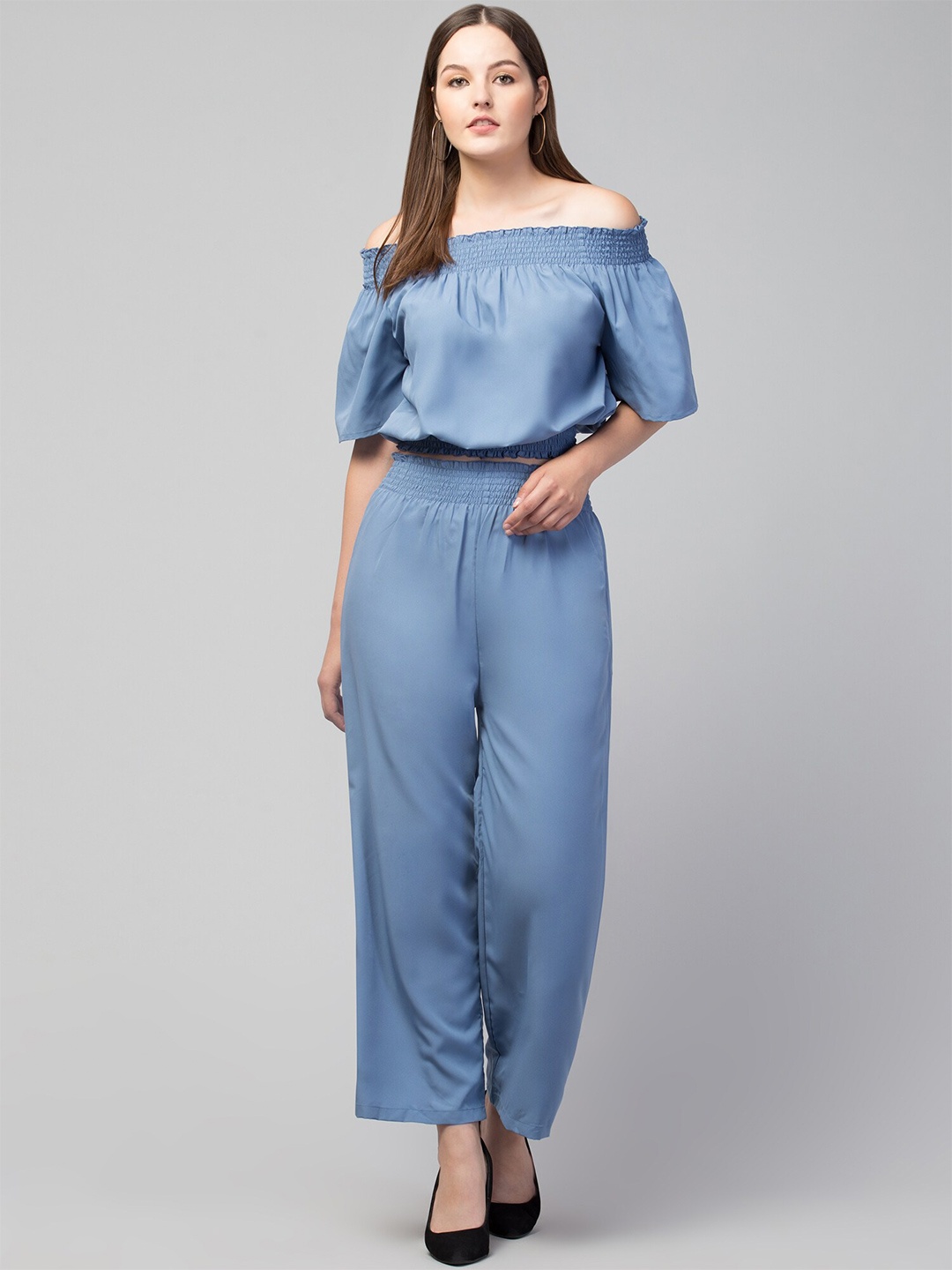 

GLITO Off Shoulder Smocked Crop Top With Trousers, Blue