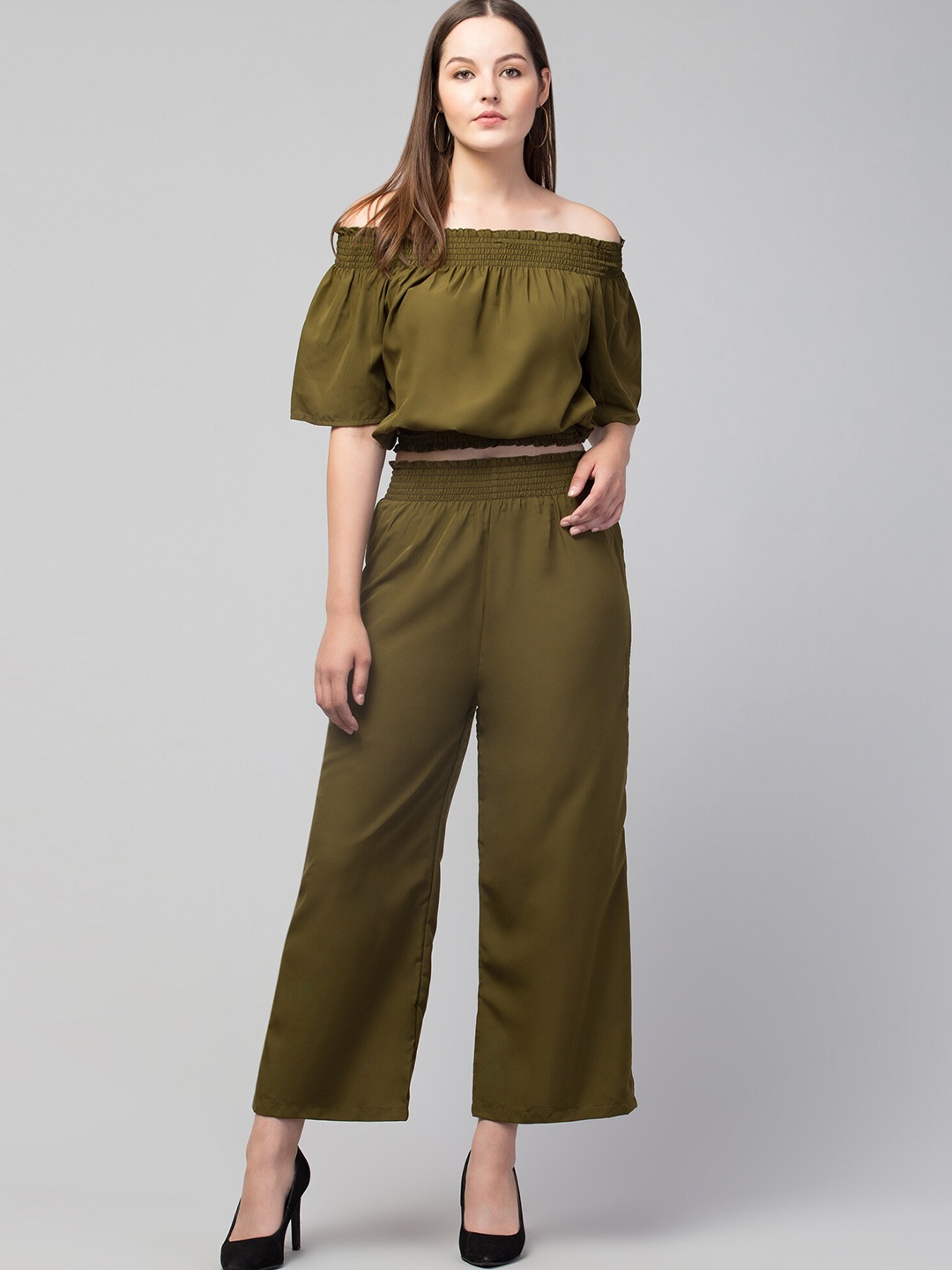

GLITO Off Shoulder Smocked Crop Top With Trousers, Olive